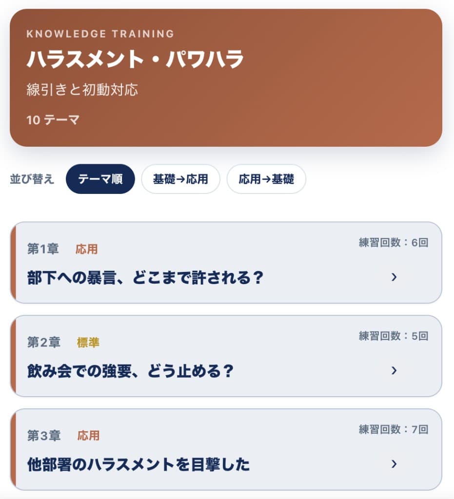 知識トレーニングのテーマ一覧。ハラスメント・パワハラのカテゴリと各章