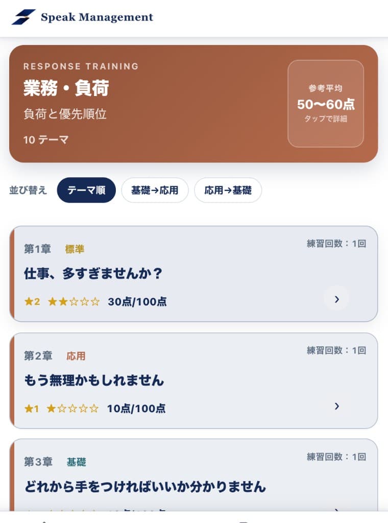 返答トレーニングのテーマ一覧。業務・負荷のカテゴリと各テーマの点数