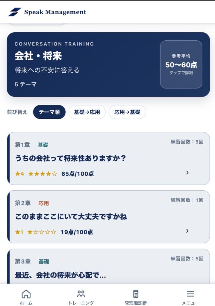 会話トレーニングのテーマ一覧。会社・将来のカテゴリと各テーマの点数