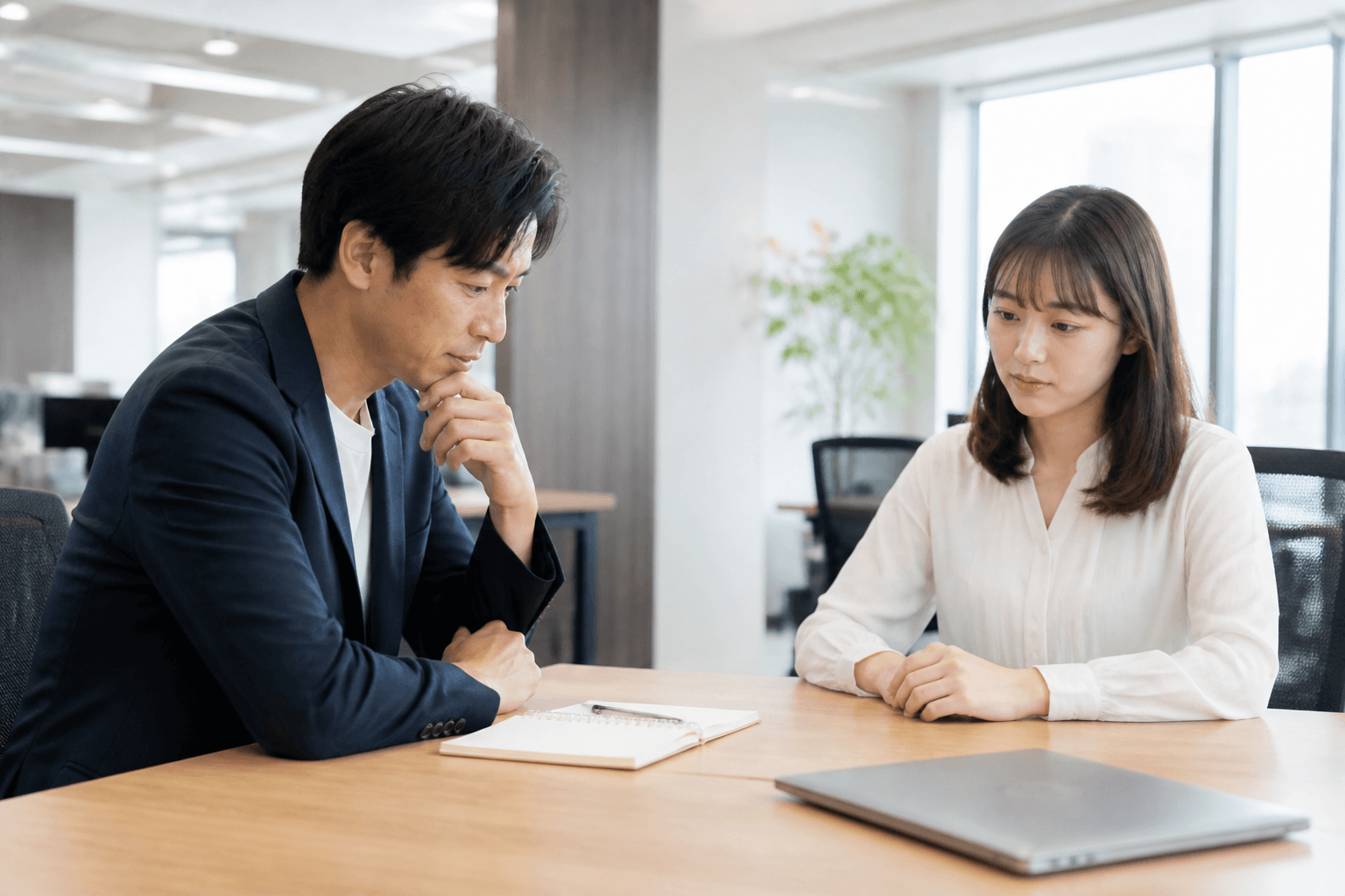 1on1で部下と向き合い、言葉に迷いながら対話する管理職