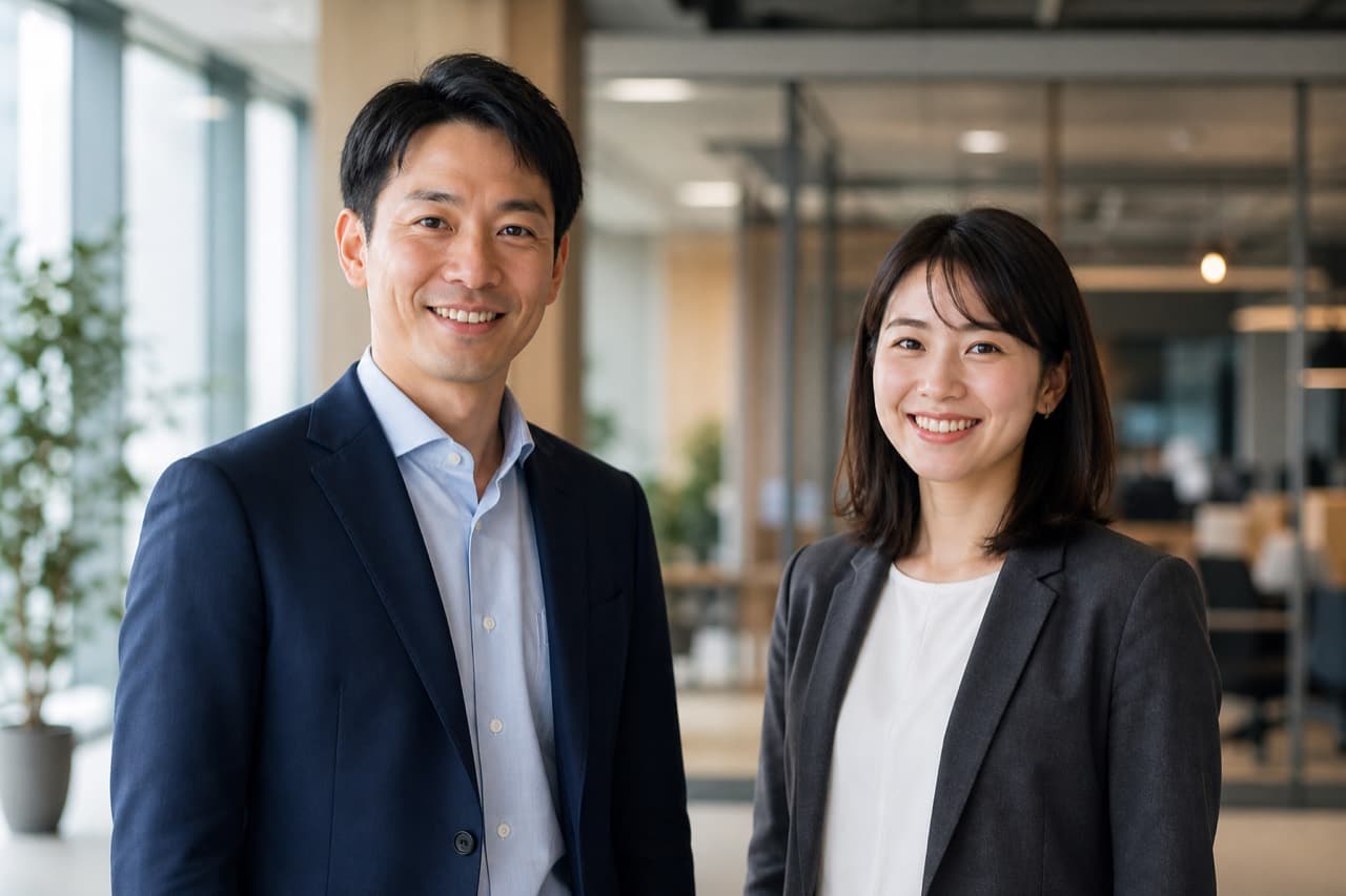 30代の男性管理職と20代後半の女性管理職が、オフィスで並んで微笑んでいる