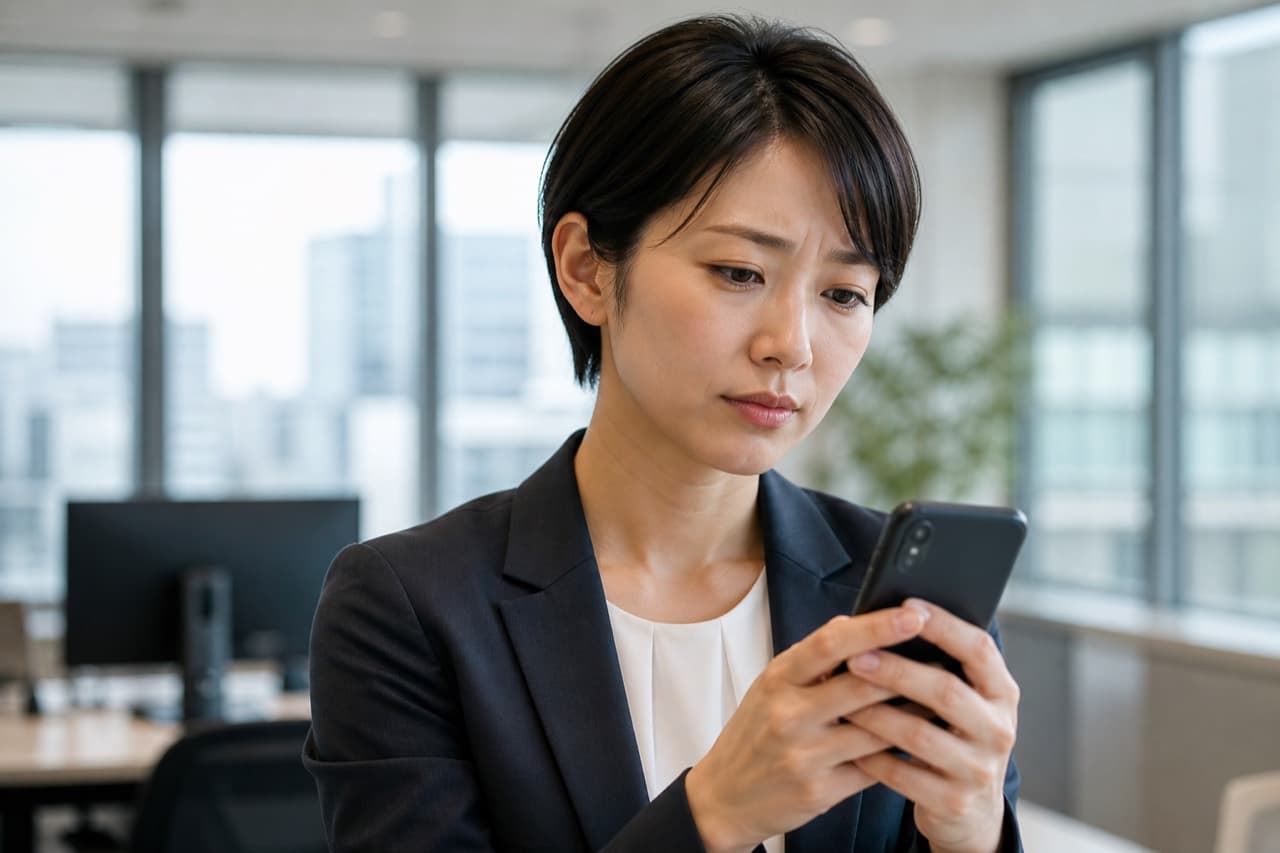 20代後半の女性管理職が、スマートフォンを見ながら少し悩みつつチェックを付けている