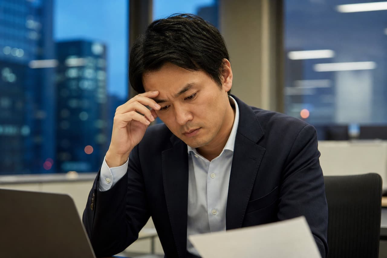 30代の男性管理職が、オフィスで一人、言葉にできない悩みを抱えている