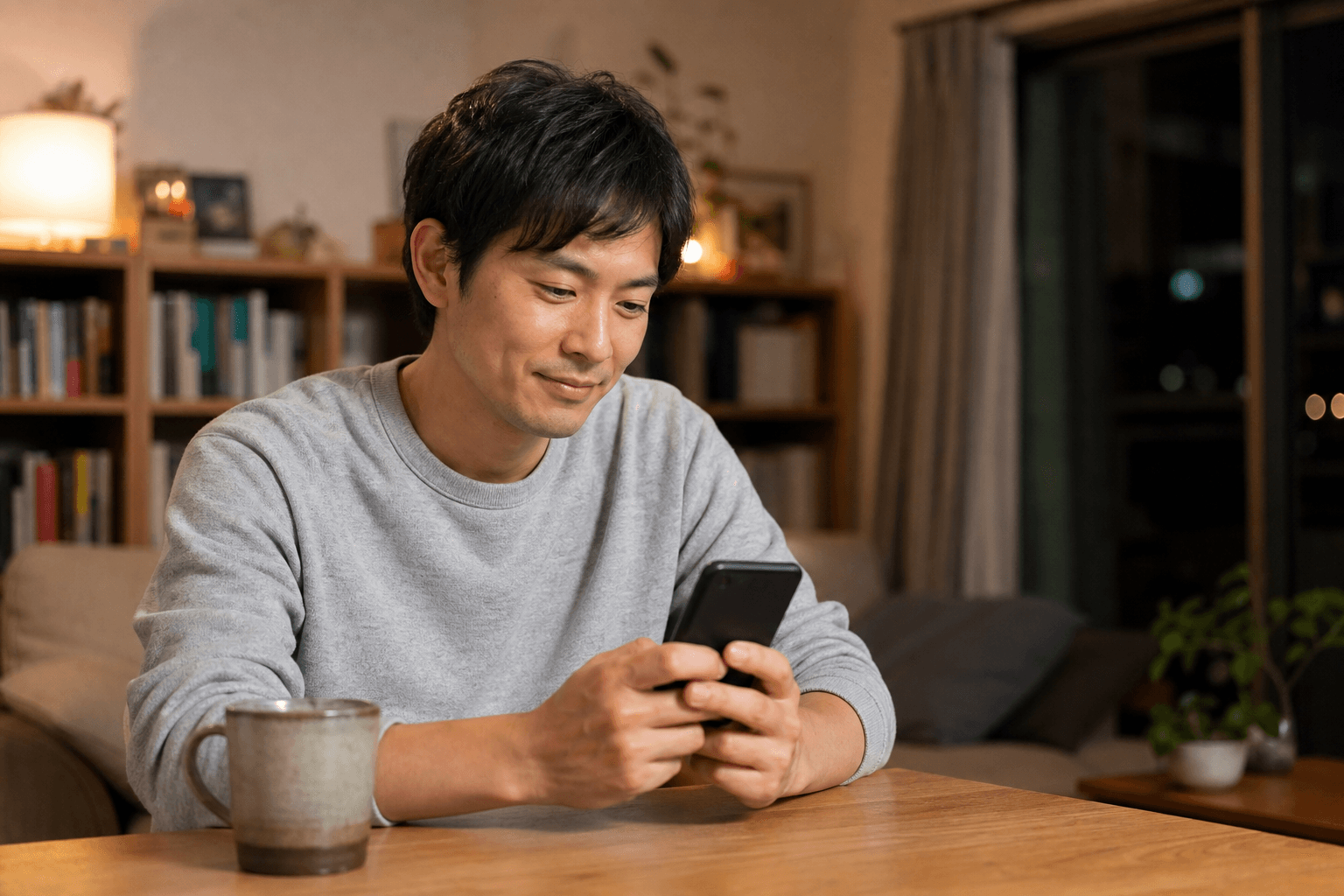 30代前半の男性管理職が、家で部屋着のままスマートフォンのマニュアルを読んでいる