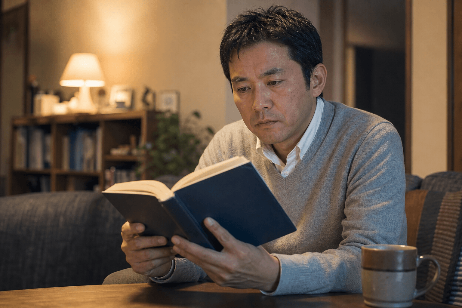 40代の男性管理職が、家で管理職の本を読んでいる